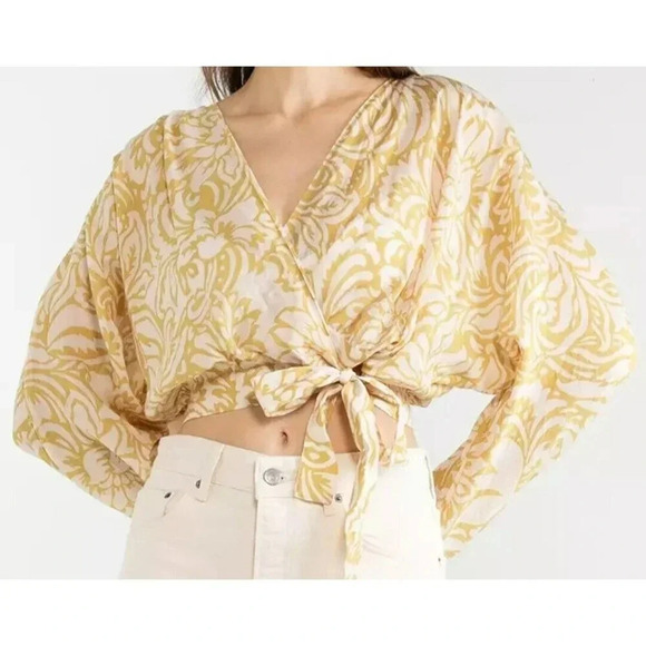 Zara Crop Top Blouse Long Sleeves Tie Floral V Neck Size L Women's Green Ivory - Picture 1 of 11